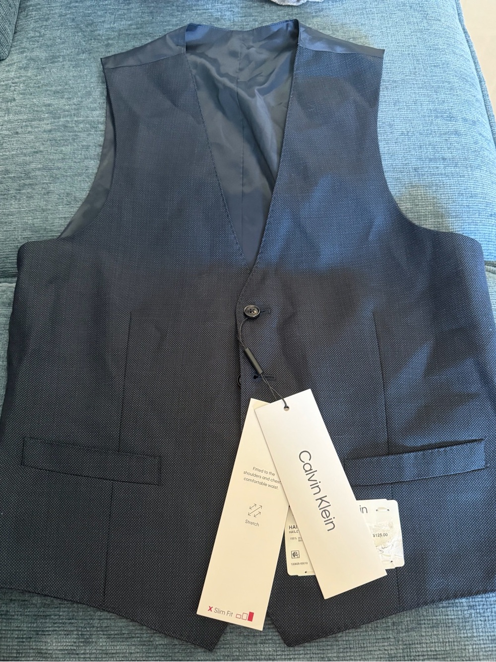 Calvin Klein Men’s 100% Wool Suit Vest Blue Charcoal Size S NWT